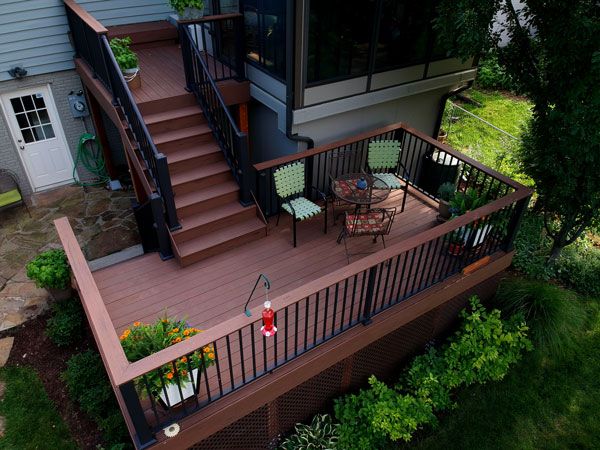View of a landscaped back yard with a new composite deck and sunroom